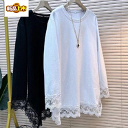 初徑胖MM300斤特大碼寬松純色蕾絲花邊拼接中長(cháng)款遮肚子長(cháng)袖T恤上衣女 黑色 M 建議120斤內