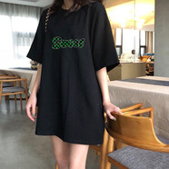 利比吉 新款重磅韓版中長款圓領(lǐng)五分短袖T恤女寬松慵懶風(fēng)半袖純色上衣 黑色大S款 均碼 80-200斤