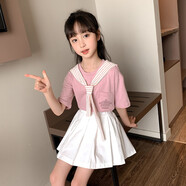 童裝女童套裝夏裝小女孩短裙兩件套裝兒童套裝休閑粉色學(xué)院風(fēng)2020新款中大童學(xué)生套裝百褶裙3-12歲 粉紅色 130(建議125cm左右)