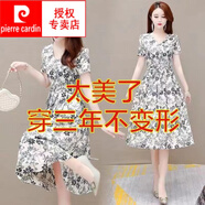 皮爾卡丹（pierre cardin）冰絲緞面連衣裙2025夏季新款系帶修身顯瘦中長(zhǎng)款V領(lǐng)短袖印花裙子 903#黑色小碎花 【有口袋】 L 建議體重：111-125斤