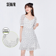 Semir森馬連衣裙女荷葉邊雪紡裙復古甜美夏季不規則愛(ài)心波點(diǎn)裙 白黑色調0319 2XL 175/96A