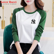 LOVER RUCCI法國(guó)歐貨女裝長(zhǎng)袖百搭寬松插肩袖體恤春秋新款純棉t恤女休閑 白色綠袖 (常規(guī)款) 黑圖, 右胸】 2XL