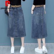皮爾卡丹（pierre cardin）牛仔半身裙女夏裝炸街減齡開叉韓版高腰顯瘦中長款一步字長裙子針 牛仔裙-〔單件〕 2XL 合適129至140斤