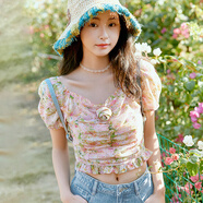 樂(lè )町小野新澤聯(lián)名夏季新款印花方領(lǐng)雪紡衫上衣C1CDE2214 彩色印花 M