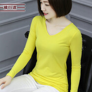橫行道2024歐美風(fēng)黑色雞心領(lǐng)長(cháng)袖t恤女純色v領(lǐng)襯臉型打底衫外穿修身 黃色 2XL