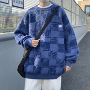 暢登格子設計感毛衣男秋冬季新款高街美式嘻哈學生百搭加厚圓領針織衫 藍色 M【90-125斤】