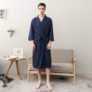 歲末華夫格吸水浴袍 薄款情侶睡袍 男士速干浴衣春夏秋季七分袖睡衣 1601藏青男款 3XL 【175-185CM，140-200斤】