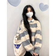 妙奕嘉慵懶風(fēng)毛衣女士外套針織衫春秋季新款冬款韓版外穿外搭上衣情侶裝 灰色扭花條紋寬松慵懶毛衣 L 【建議100-110斤】