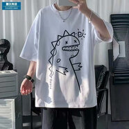 潮西登短袖T恤男夏季港風(fēng)韓版潮流寬松學(xué)生休閑五分袖袖美式復古打底衫   C17白色 M