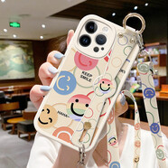 美贊仕iPhone蘋果14手機殼女生14plus新款14promax可愛腕帶防摔斜挎掛繩彩色笑臉愛心 古董白-彩色笑臉【腕帶+掛繩】 iPhone14