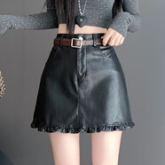 皮爾卡丹（pierre cardin）咖色PU皮A字短裙女2025新款高腰防走光 黑色 XL