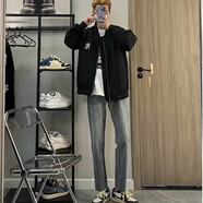 益帛（YIBO）牛仔褲男冬季新款加絨港風(fēng)復古毛邊修身小腳直筒做舊休閑長(cháng)褲子男 復古藍色 M 【建議95-105斤】