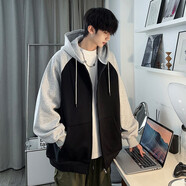 NEW OR MODE重磅開衫加絨加厚衛(wèi)衣男春秋季美式復古刺繡寬松情侶連帽外套上衣 W23618-黑色 XL