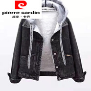 皮爾卡丹（pierre cardin）加絨牛仔外套女短款2025秋冬季新款連帽寬松韓版棉服保暖上衣 黑色帽i子款可以拆卸 S 60~85斤以下斤