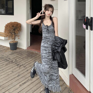 淺雖紅2024秋冬新款美拉德復(fù)古條紋針織裙吊帶毛線連衣裙流蘇長裙子CYF 灰色 M碼（95-110）斤