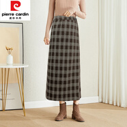 皮爾卡丹（pierre cardin）新款一片式裙子女秋冬長(zhǎng)裙圍裹式直筒半身裙女士加厚羊|絨裹裙 Q012-棕色格子一片式裹裙 M 28 適合2尺1腰圍[裙長(zhǎng)86cm]