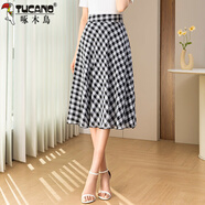 啄木鳥(niǎo)新款夏季雪紡格子半身裙女中長(cháng)款高腰大尺碼百褶修身小個(gè)子a字裙 2023A1黑白格子中長(cháng)裙2024 S