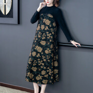 奧絲婕（Aosijie）翠花長(zhǎng)袖連衣裙女秋新款氣質(zhì)過(guò)膝系帶收腰顯瘦大擺裙打底裙長(zhǎng)裙子 藍(lán)色 XL