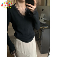 DXOT2025絕美法式氣質(zhì)蕾絲v領(lǐng)打底衫女秋冬喇叭袖上衣感針織衫毛衣女 經(jīng)典黑色 M 建議96-110斤