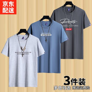 霧卡【棉T3件裝】短袖t恤男衣服圓領(lǐng)寬松潮印花T恤男青年大碼夏季休 小鹿角淺灰+EXP湖藍+大R鐵灰 M 建議100-115斤