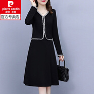 皮爾卡丹（pierre cardin）女裝秋冬女神范衣服氣質(zhì)裙子名媛假兩件套套裝小香風(fēng)款連衣裙 黑色 5XL