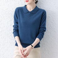 德洛賓有領(lǐng)子的t恤衫女長袖帶領(lǐng)子的2024娃娃領(lǐng)毛衣秋冬新款內(nèi)搭針織長 牛子藍 M【建議95-105斤】