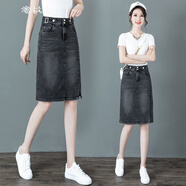 意枕上牛仔半身裙女夏季短裙2025年新款中年高腰開叉裙中長款包臀裙 黑灰色 26 建議85-95斤