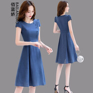 佰藍(lán)嬌連衣裙女夏季2024新款高端氣質(zhì)品牌小個(gè)子中年遮肚子顯瘦裙子夏天 牛仔藍(lán) L