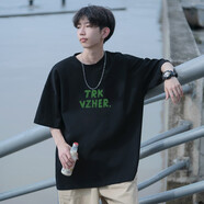 君茵重磅純棉短袖t恤男2023夏季衣服男裝 夏裝新款學(xué)生美式長袖體恤衫 黑色 XL