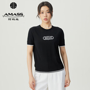 阿瑪施（AMASS）女裝新款黑白拼色簡約字母圓領短袖針織T恤衫女5399619 黑 S (2碼)