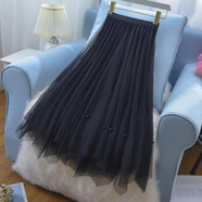 若卡姿2024蝴蝶結網(wǎng)紗裙氣質(zhì)半身裙女中長(cháng)款大擺傘裙a字裙子 珍珠黑色