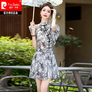 皮爾卡丹2025夏新中式感水墨改良短款旗袍裙國風(fēng)復(fù)古短袖A字連衣裙女針織 黑色（清透款） 2XL 【推薦130斤左右】