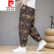 皮爾卡丹（pierre cardin）民族風(fēng)泰國大象印花休閑褲男沙灘夏季亞麻寬松褲子黑白花紋哈倫褲 CK901咖啡大象-棉麻-棉麻 M