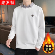 蒙羅頓（MENGLUODUN） 春秋季刺繡小蜜蜂長(zhǎng)袖T恤男假兩件休閑帶領(lǐng)子衛(wèi)衣翻領(lǐng)打底衫上衣 加絨款白色 M