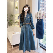 軬木早秋2023年新款時(shí)尚復古洋氣西裝領(lǐng)單排扣長(cháng)款過(guò)膝長(cháng)袖牛仔連衣裙 深藍(送腰帶) S