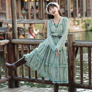 森女部落原創(chuàng)綠色小清新扎染印花方領(lǐng)民族風(fēng)波西米亞度假連衣裙秋 連衣裙（單件） M