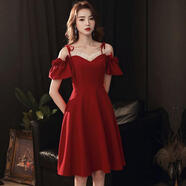 柚宏高端晚禮服女2023新款新娘敬酒服平時(shí)可穿結(jié)婚姐妹團(tuán)吊帶連衣裙春 紅色【短款】 S