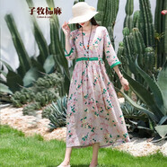 子牧棉麻夏裝 女復(fù)古圓領(lǐng)寬松抽繩收腰長款七分袖碎花連衣裙3188清45 粉色 L(建議110斤以內(nèi))