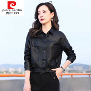皮爾卡丹（pierre cardin）針織海寧真皮皮衣女士短款2025新款秋冬時尚寬松綿羊皮夾克小外套 黑色【單款不爆皮】 M