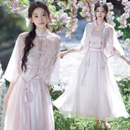 可茵（Keyin）新中式連衣裙套裝女裝2025年夏季新款國潮漢服盤扣改良旗袍裙子女 上衣+打底吊帶+半身裙 S