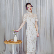 槿爺東方【東方簡(jiǎn)奢風(fēng)】藤條2024年新品白色藤條梅花刺繡修身改良旗袍顯瘦 白色 現貨 S 建議選大一碼