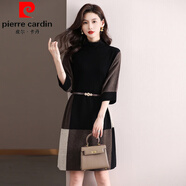 皮爾卡丹（pierre cardin）2024秋冬新款中長款撞色半高領(lǐng)羊毛衫連衣裙七分袖寬松腰帶毛衣裙 駝色 110