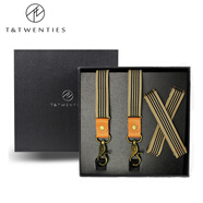 T&Twenties時(shí)尚掛鉤男士背帶吊帶休閑復(fù)古Y字三夾背帶夾男/女成人褲子吊褲帶 【背帶+袖箍1對(duì)】卡其條紋.掛鉤