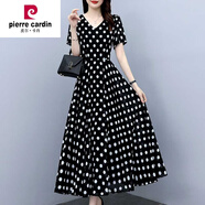 皮爾卡丹（pierre cardin）大I碼女裝夏天減齡雪紡圓點(diǎn)連衣裙夏季黑色長(zhǎng)裙波點(diǎn)裙子洋氣 黑色 XL 建議110-120斤可穿