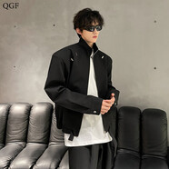 QGF美式高街墊肩外套男士女春秋季新短款痞帥潮牌裝上衣服高級感夾克 黑色 2XL [建議130-150斤]
