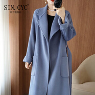 SIN.CYC雙面絨羊毛大衣女冬中長(zhǎng)款寬松時(shí)尚加厚女士雙面呢羊毛呢 霧霾藍(lán)1003 L /138-158斤