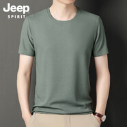吉普（JEEP）【高檔輕奢】抗皺華夫格男士短袖恤薄款夏季純色簡約圓領潮 豆綠色 M