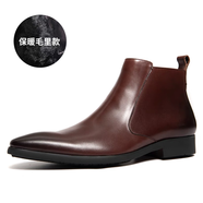 簡(jiǎn)·美惠切爾西靴男頭層牛皮商務(wù)馬丁靴高幫皮鞋手工加絨英倫尖頭短皮靴潮 酒紅色加絨 37