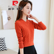 皮爾卡丹（pierre cardin）麻花毛衣女套頭短款V領修身長袖針織衫秋冬加厚小款高腰打底上衣 桔紅色 L
