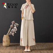 啄木鳥(niǎo)棉麻闊腿褲套裝女夏寬松時(shí)尚媽媽裝中國民族風(fēng)復古刺繡棉麻兩件套 麻色上衣+麻色褲子 【套裝】 2XL 125-135斤